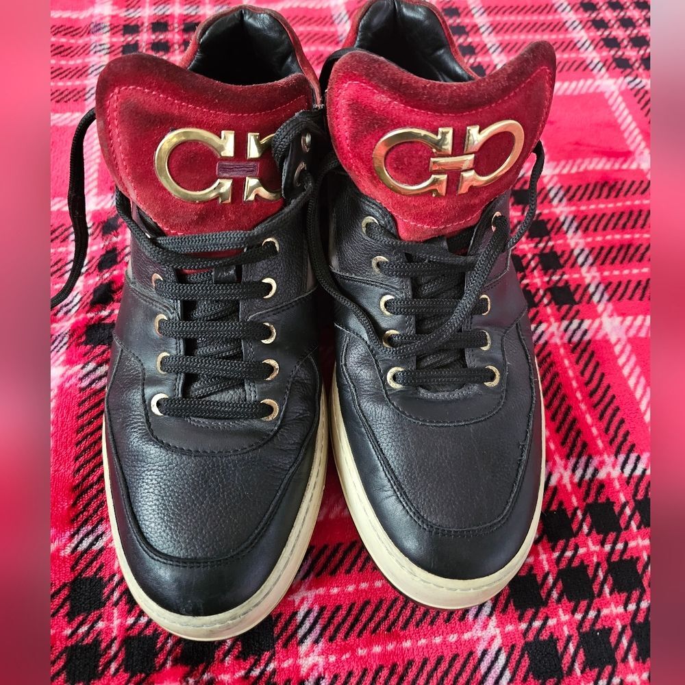 Salvatore Ferragamo Black Leather Sneakers with Red Accents Size 10